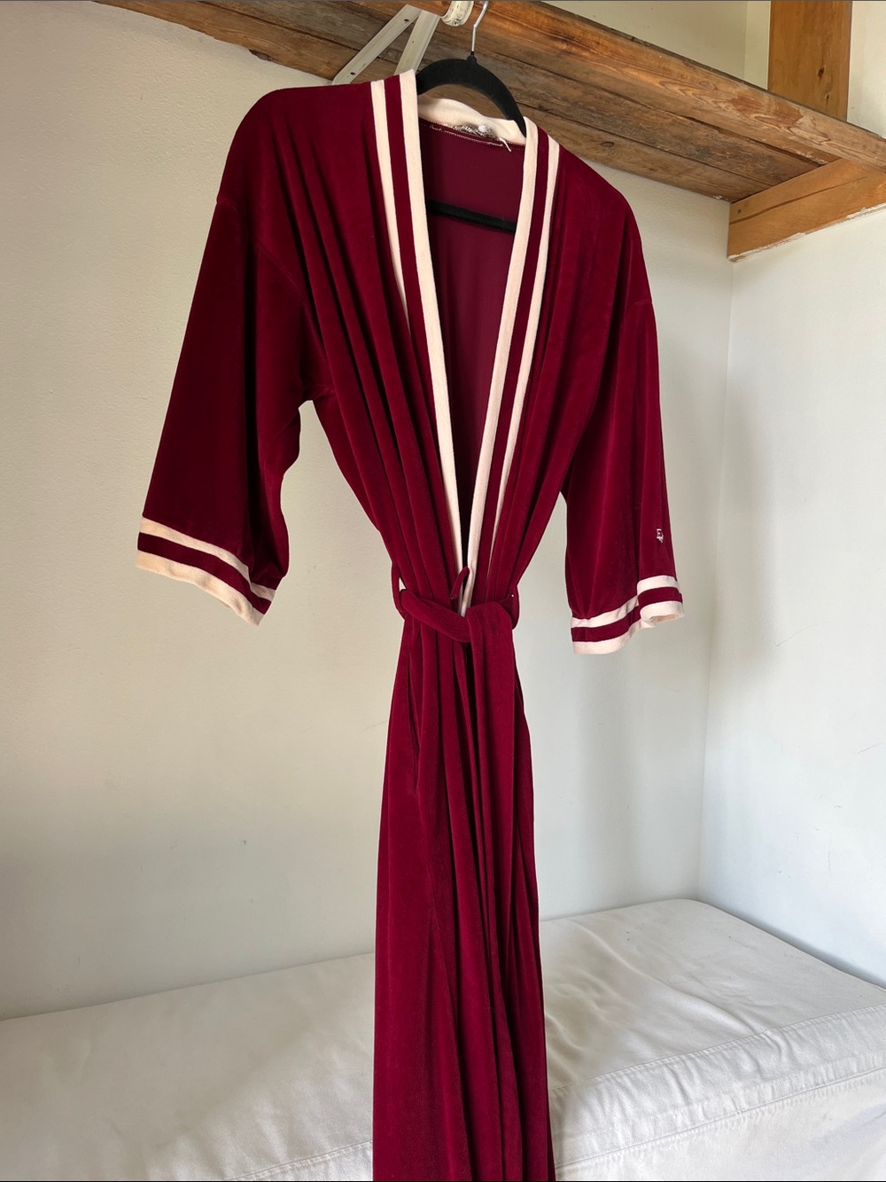 Vintage Christian Dior Burgundy Velvet Robe with Cream Trim